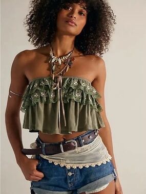 NWT Free People Tailia Seagrass Ruffled layered strapless top